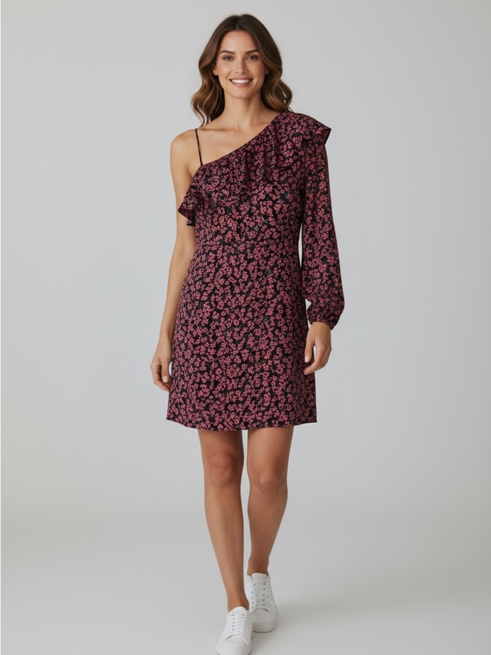 Velvet by Graham Spencer Red Black Floral One Shoulder Mini Dress Small